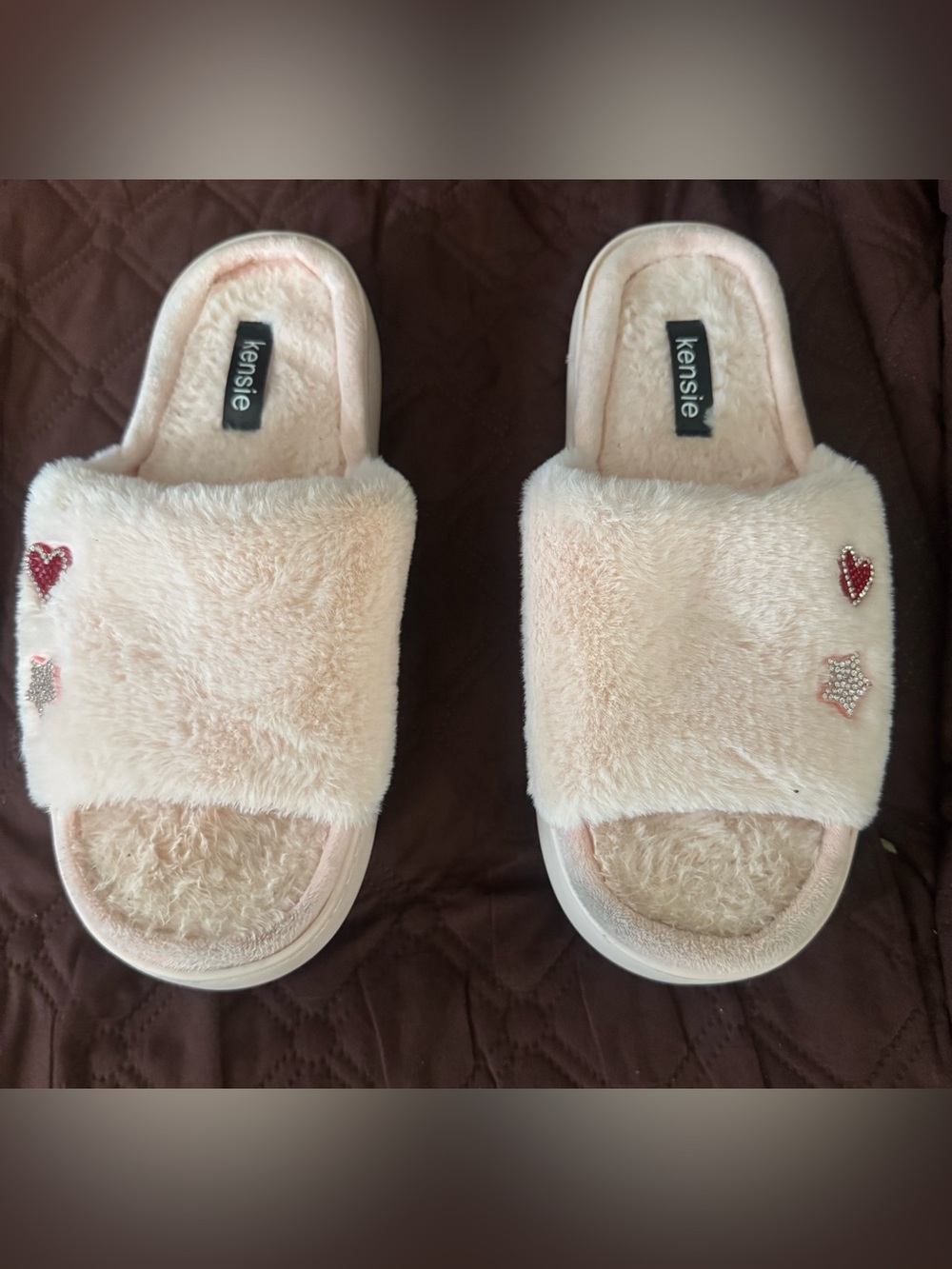 Kensie Blush Faux Fur Slide Slippers with Heart & Star Accents